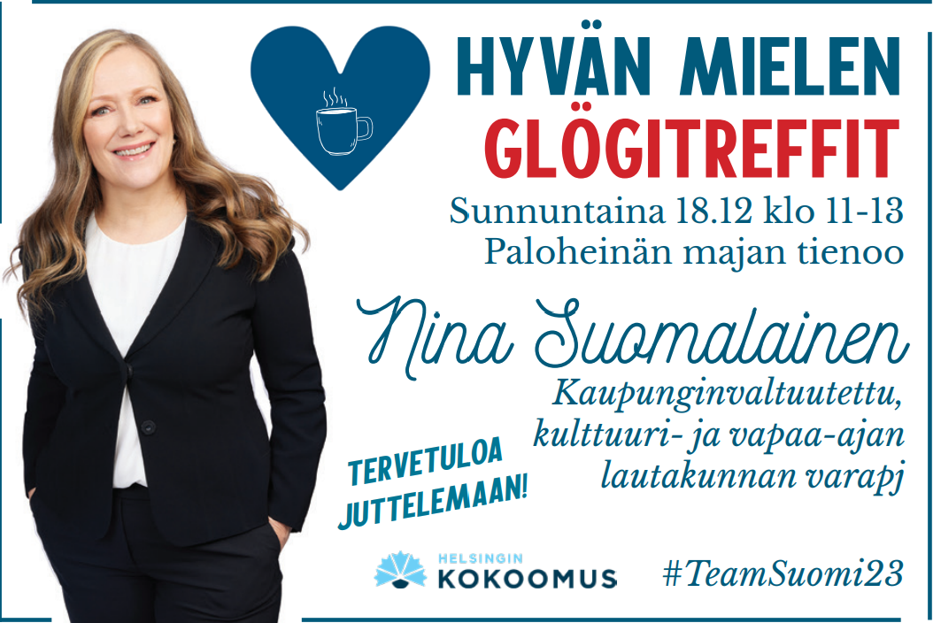 Kaupunginvaltuutettu Nina Suomalainen tavattavissa Paloheinän majalla su  .  11:00  13:00